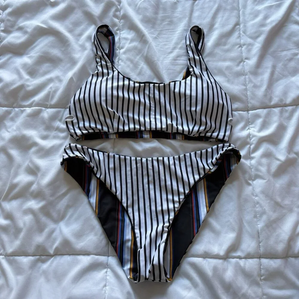 Womens Bikini Set Swimsuit Top Bottom Striped‎ Reversible White Black Summer